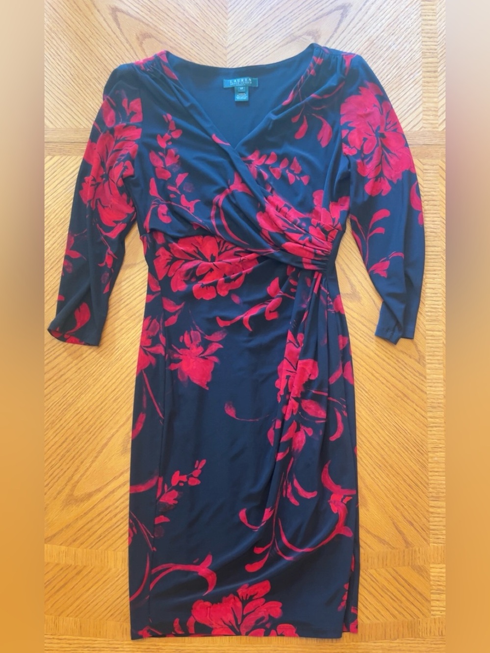 Ralph Lauren black and Red Floral Wrap-Style Sheath Dress